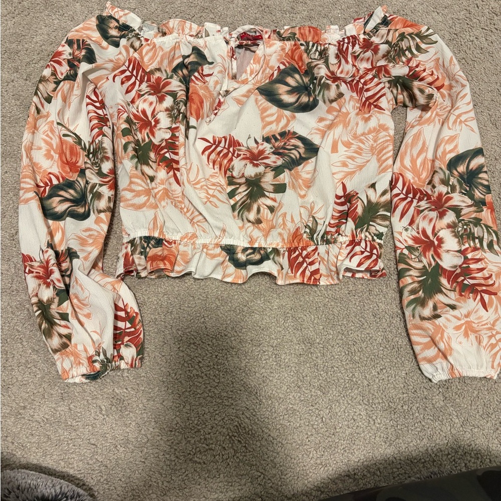 Guess Floral Off-Shoulder Blouse - White and Coral - Picture 3 of 5